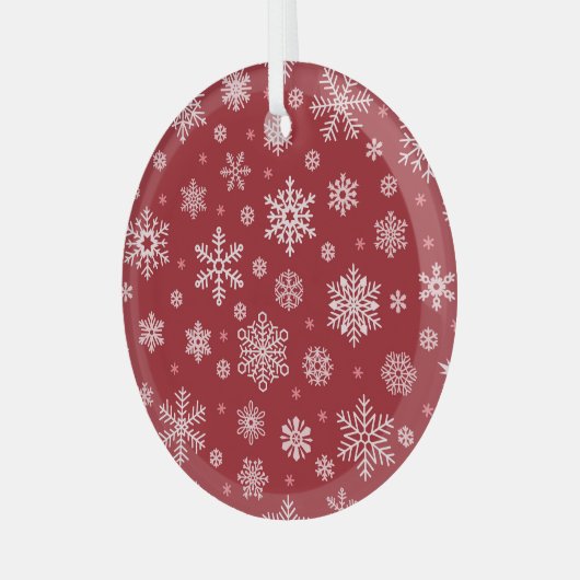Sneeuwvlokken, rood decor, kerstpatroon. glas ornament (Voorkant links)