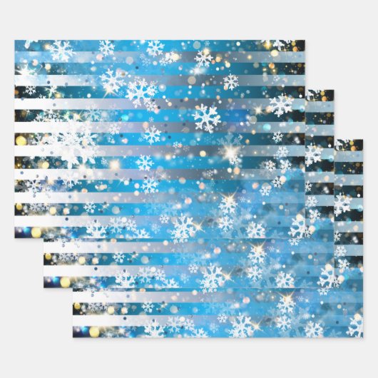 Sneeuwvlokken Sparkles and Lights on Blue Stripes Inpakpapier Vel (Set)