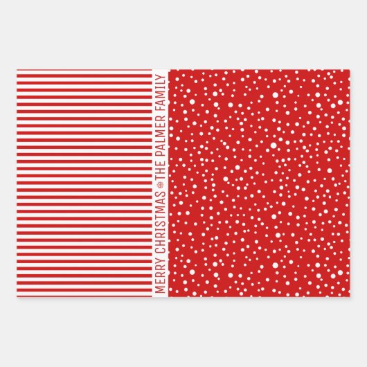 Sneeuwvlokken, strepen, bomen en wensen rood inpakpapier vel (Voorkant 2)