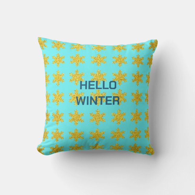 Sneeuwvlokpatronen Winter Typografie Goud Blauw Buitenkussen (Voorkant)