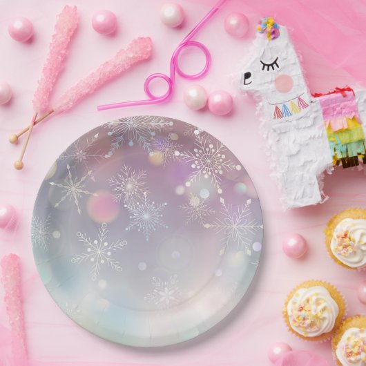 Sneeuwvlokpatroon in zachte pastelkleuren Bokeh Papieren Bordje (Feest)