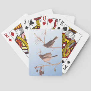 Sneeuwvogels van Audubon op winterbomen en blauwe Pokerkaarten