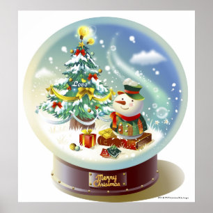 sneeuwwereldbol met sneeuwpop en kerstboom poster