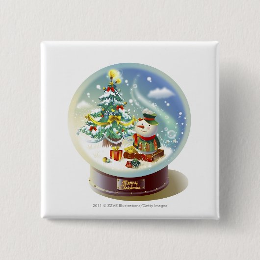 sneeuwwereldbol met sneeuwpop en kerstboom vierkante button 5,1 cm (Voorkant)