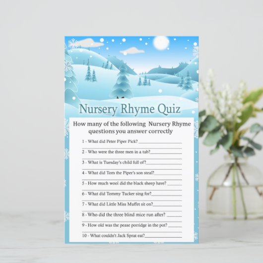 Sneeuwwinter Nursery Rhyme Quiz baby shower (Staand voorkant)