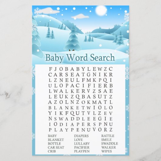 Sneeuwwinterbos Baby shower Word Search Game (Voorkant)