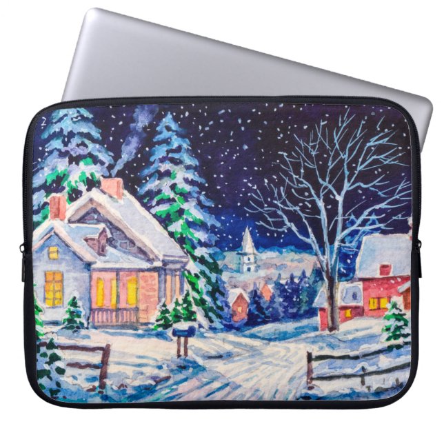 Sneeuwwinterlandschap. Landhuis. Kerstmis Laptop Sleeve (Voorkant)