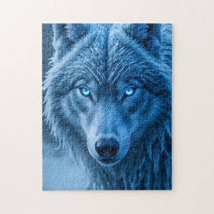Sneeuwwolf gloeiende blauwe ogen staren legpuzzel