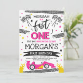 Snel Een 1e Verjaardagsfeestje Roze Race Auto Snel Kaart (Staand voorkant)