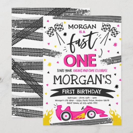 Snel Een 1e Verjaardagsfeestje Roze Race Auto Snel Kaart (Voorkant / Achterkant)