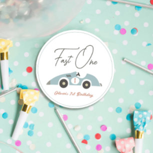 Snel Een Blauw Race Auto Jongen 1e Verjaardag Bedankjes Labels