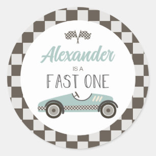 Snel één blauwe raceautoverjaardag ronde sticker