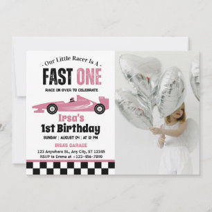 Snel Eén Race Auto Meisje 1e Verjaardagsfeestje Fo Kaart