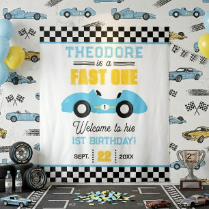 Snel één raceauto 1e verjaardagsfeest achtergrond wandkleed
