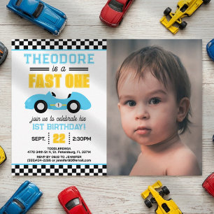 Snel één raceauto 1e verjaardagsfeest foto kaart