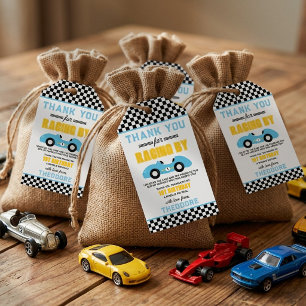Snel één raceauto 1e verjaardagsfeestje cadeaulabel