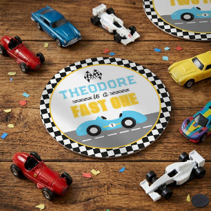 Snel één raceauto 1e verjaardagsfeestje ronde kartonnen onderzetter