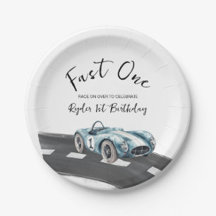 Snel Eén Raceauto Eerste Verjaardag Papieren Bordje