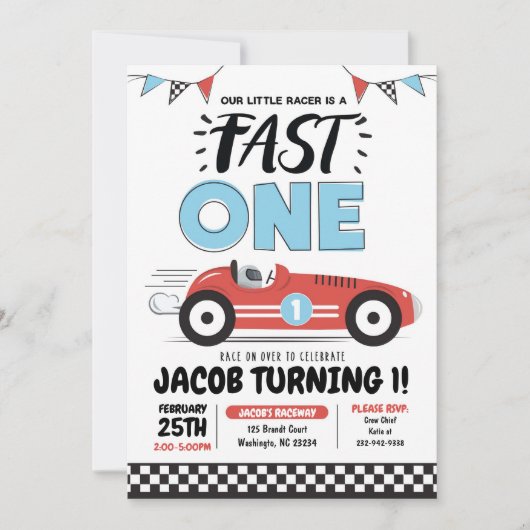 Snel Eén Rode Race Auto Jongen 1e Verjaardagsfeest Kaart (Voorkant)