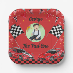 Snel één rood & zwart raceauto foto 1e verjaardag papieren bordje