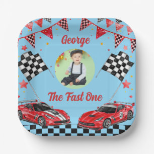 Snel één rood & zwart raceautofoto 1e verjaardag papieren bordje