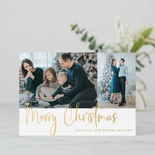 Snel kerstscript fotofeestdag Gold Modern Folie Feestdagenkaart (Staand Voorkant)