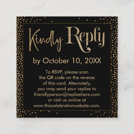 Snel reageren Festive Confetti QR Code Black RSVP Informatiekaartje (Voorkant)