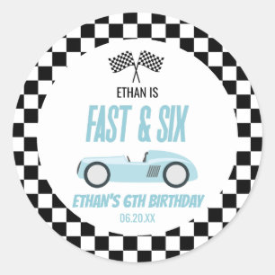 Snel & Zes Blauwe Race Auto 6e Verjaardagsfeestje Ronde Sticker