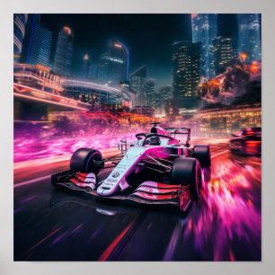 Snelheid en actie: rode F1 auto racen door bochten Poster