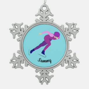 Snelheid schaatsen tin sneeuwvlok ornament