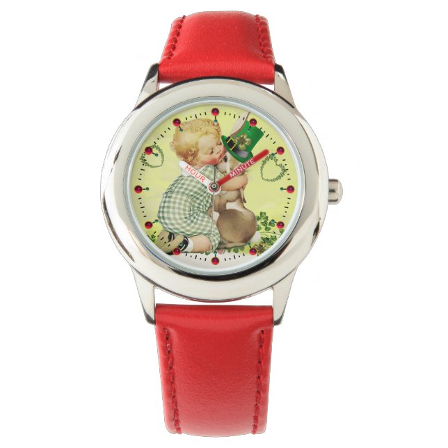 SNELLE BABY HUGGING RABBIT IRISH ST. PATRICK'S DAG HORLOGE (Voorkant)