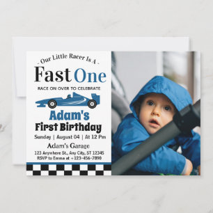 Snelle blauwe raceauto jongen 1e verjaardagsfeestj kaart
