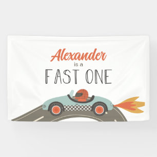 Snelle blauwe raceauto verjaardag spandoek