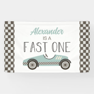 Snelle Eén Blauwe Raceauto 1e Verjaardagsbanner Spandoek