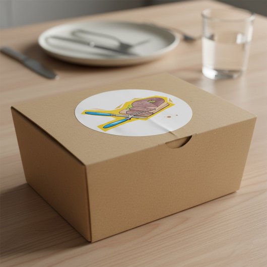 Snijden van rosbief met vork en mes ronde sticker