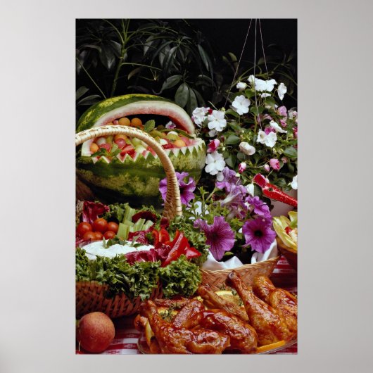 Snijden van watermeloenen met bloemen poster (Voorkant)