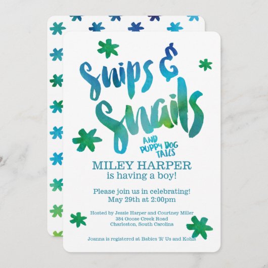 Snips and Snails Waterverf Baby shower Kaart (Voorkant / Achterkant)