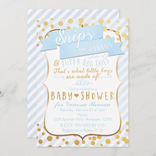 Snips & Snails Bleu & Or Douche Bébé Invitations (Devant / Derrière)