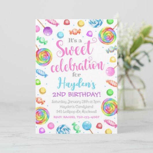 Snoep Birthday Invitation, Candyland Invitation Kaart (Staand voorkant)