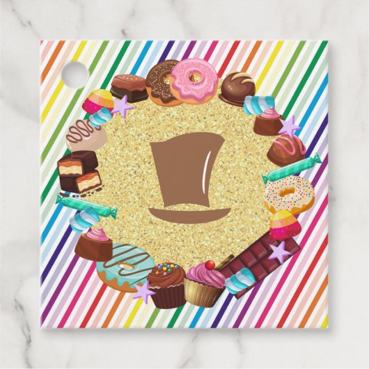 Snoep, chocolade, eten, donuts, regenbooggedeelte bedankjes labels (Voorkant)