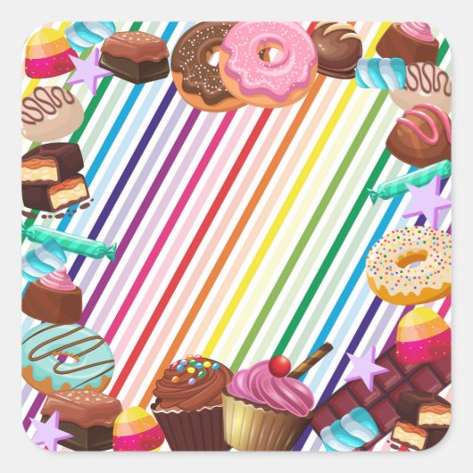 Snoep, chocolade, eten, donuts, regenbooggedeelte vierkante sticker (Voorkant)
