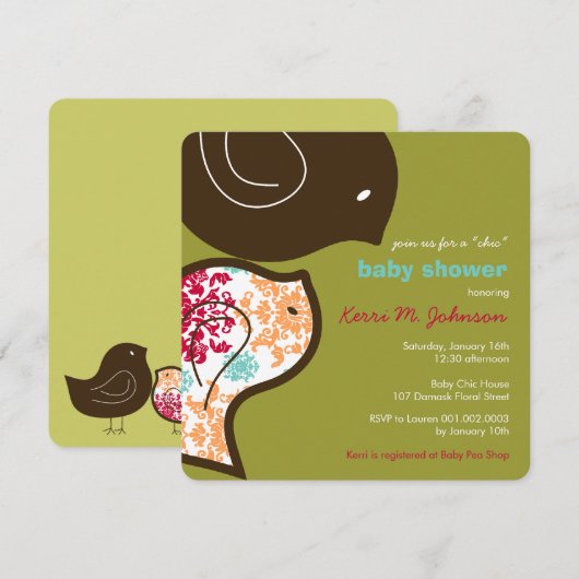 Snoep Damask Chicks Cute Baby shower Party Invite Kaart (Voorkant / Achterkant)