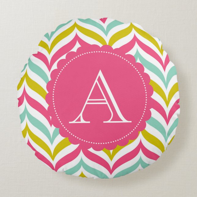 Snoep gekleurde Chevron Waves Monogram Rond Kussen (Voorkant)