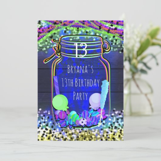 Snoep Glow in the Dark Mason Jar Party Uitnodiging (Staand voorkant)