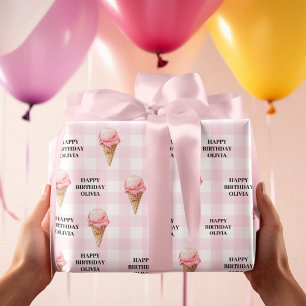 Snoep Ijsje Verjaardag Roze Gingham Aangepaste Naa Cadeaupapier