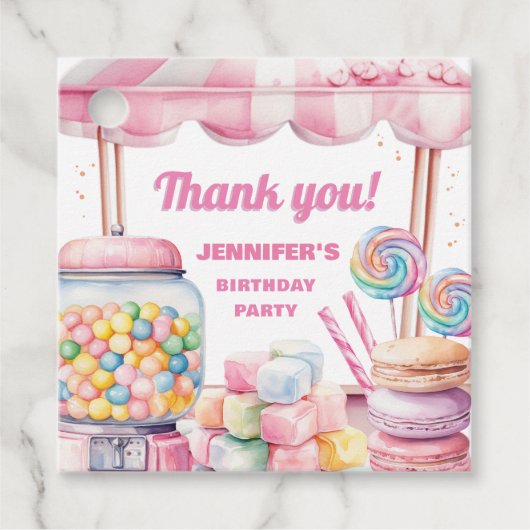 Snoep Land Retro Roze Sweets Meisje Verjaardagsfee Bedankjes Labels (Voorkant)