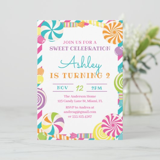 Snoep Lollipop Birthday Party Invitation Kaart (Staand voorkant)