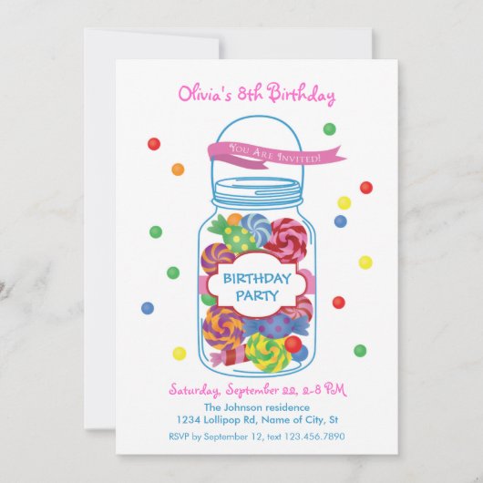 Snoep Mason Jar Birthday Uitnodiging (Voorkant)