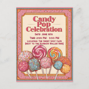 "Snoep Pop Celebration" Uitnodiging met lolly's Briefkaart