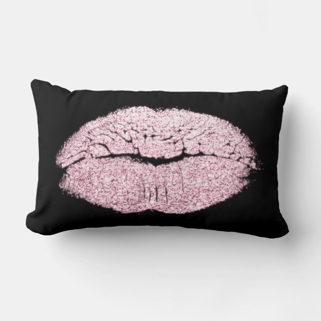 Snoep Roze Lippen Glitter Zwart Wit Make-up Kus Kussen (Voorkant)